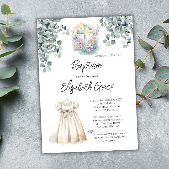Invitation Robe de baptême de fille au eucalyptus croisé pour (Baptism Christening White Baptism Dress Floral Cross Eucalyptus Baptism Invitation with Luncheon)