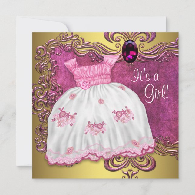 Invitation Robe de bébé rose et dorée Baby Shower (Devant)