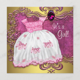 Invitation Robe de bébé rose et dorée Baby Shower