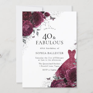 Invitation Robe de Bourgogne et d'argent Roses floraux 40e an