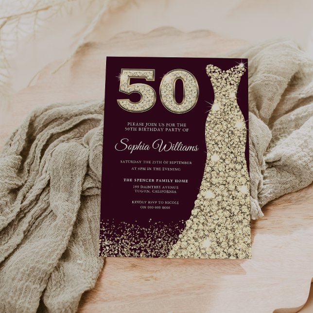Invitation Robe de Bourgogne et d'or 50e anniversaire fête (Créateur téléchargé)