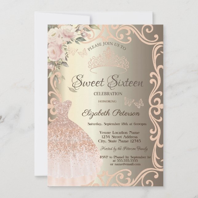 Invitation Robe de cadre de fleurs papillons paillettes doux  (Devant)