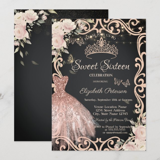 Invitation Robe de cadre de fleurs papillons paillettes doux  (Devant / Derrière)