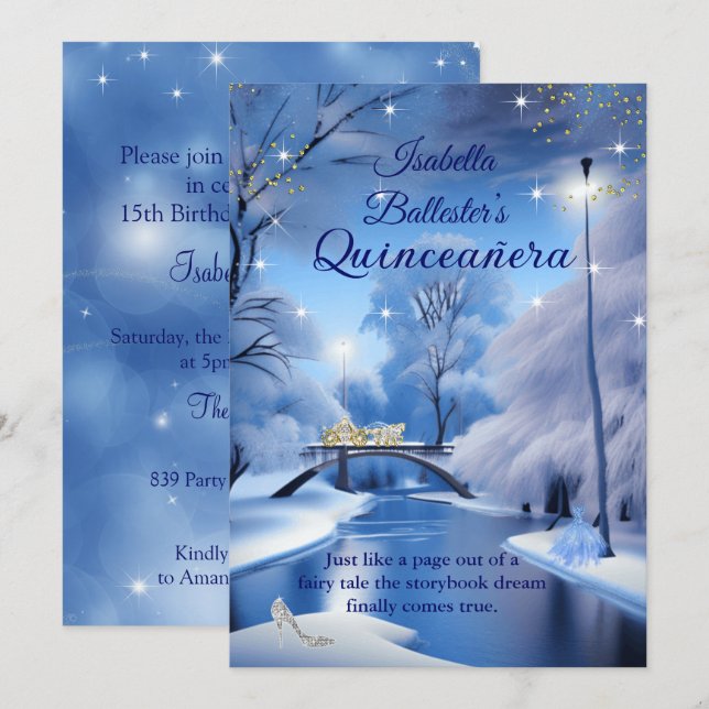 Invitation Robe de carrousel bleu de conte de fées pour anniv (Devant / Derrière)