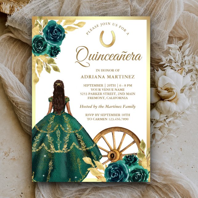 Invitation Robe de charro florale verte émeraude pour Quincea (Créateur téléchargé)