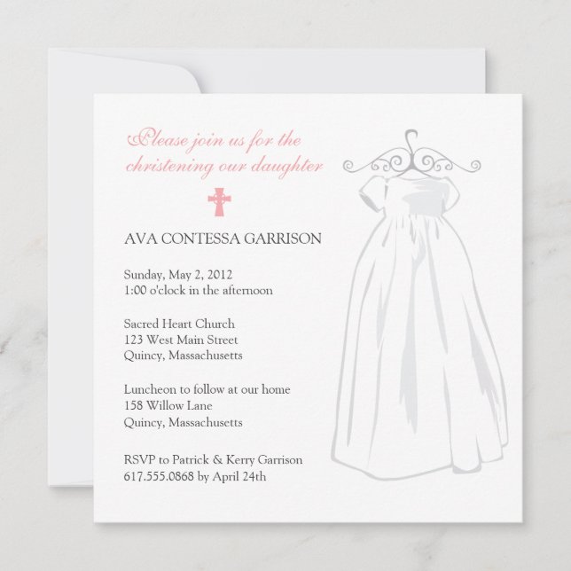 Invitation Robe de Christening et Croix rose (Devant)