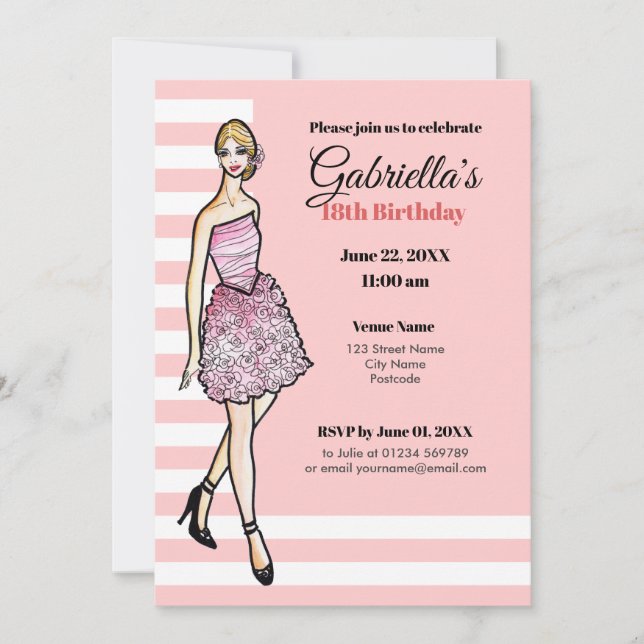 Invitation Robe de cocktail Fille blonde avec roses roses (Devant)