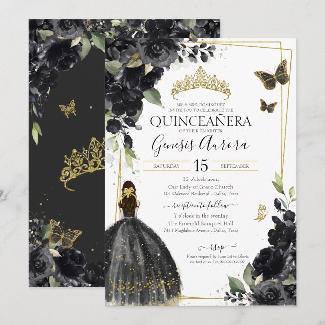 Invitation Robe de coing Quinceañera Black Gold Flowers (Devant / Derrière)