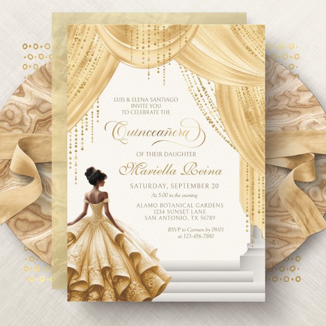 Invitation Robe de contes de fées en or jaune pour Quinceaner (Créateur téléchargé)