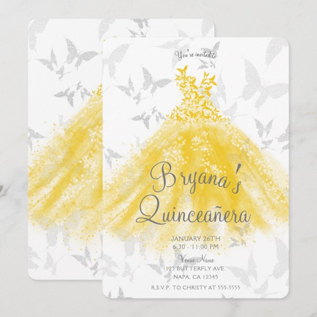 Invitation Robe de danse papillon argenté jaune Quinceañera (Devant / Derrière)