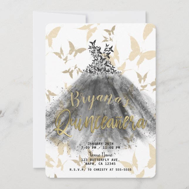 Invitation Robe de danse papillon Black & Gold Quinceañera 15 (Devant)