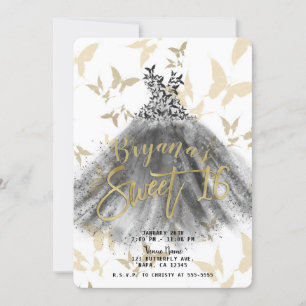 Invitation Robe de danse papillon Black & Gold Sweet 16