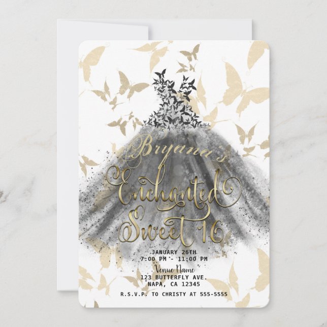 Invitation Robe de danse papillon Black Gold Sweet 16 16e (Devant)
