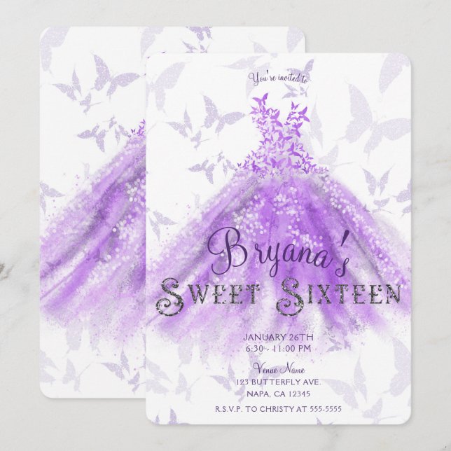 Invitation Robe de danse papillon chic violet Douce 16 (Devant / Derrière)