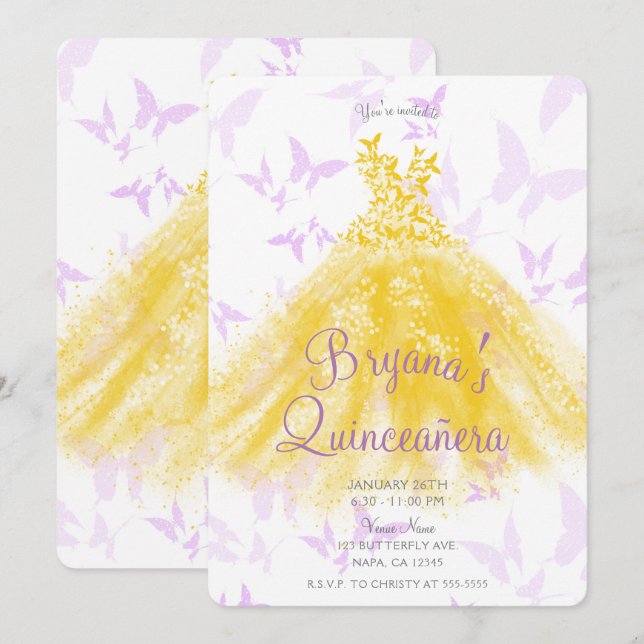 Invitation Robe de danse papillon jaune et lilas Quinceañera (Devant / Derrière)