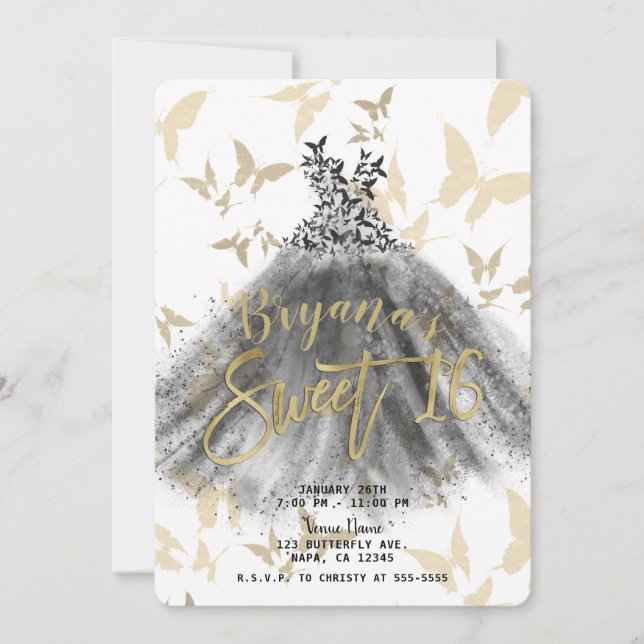 Invitation Robe de danse papillon noir et or Sweet 16 (Devant)