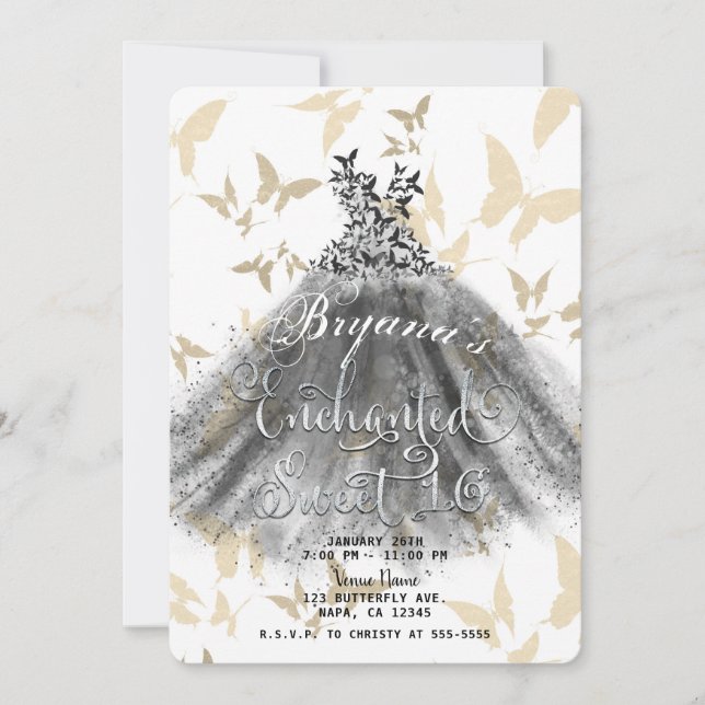 Invitation Robe de danse papillon noir or Sweet 16 (Devant)