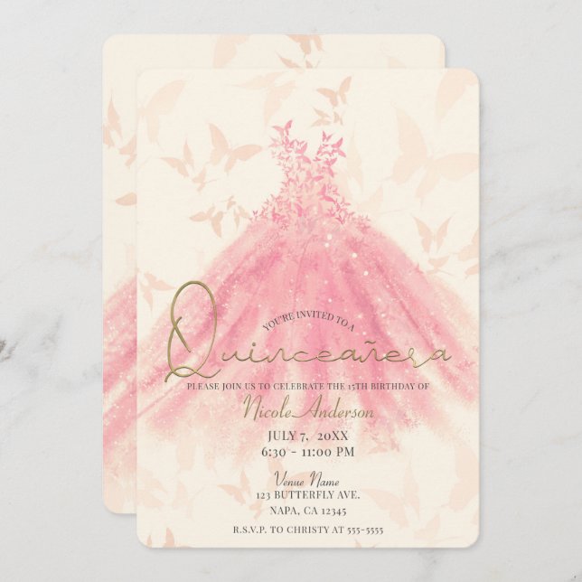 Invitation Robe de danse papillon Peach Sparkle Quinceañera (Devant / Derrière)