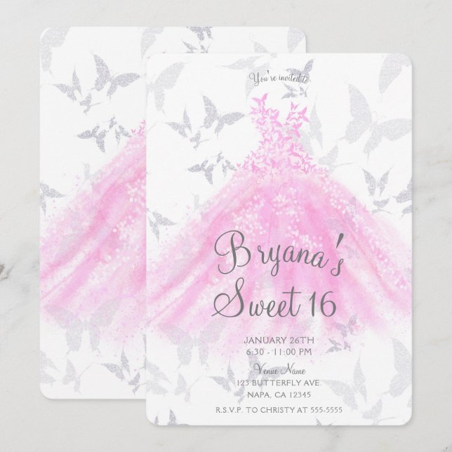 Invitation Robe de danse Papillon Rose Argenté Fête Sweet 16 (Devant / Derrière)
