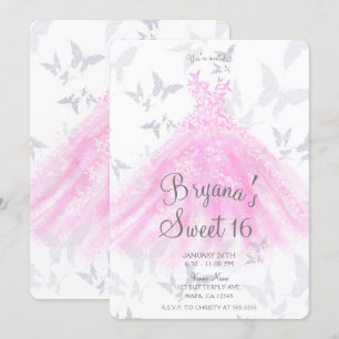Invitation Robe de danse Papillon Rose Argenté Fête Sweet 16