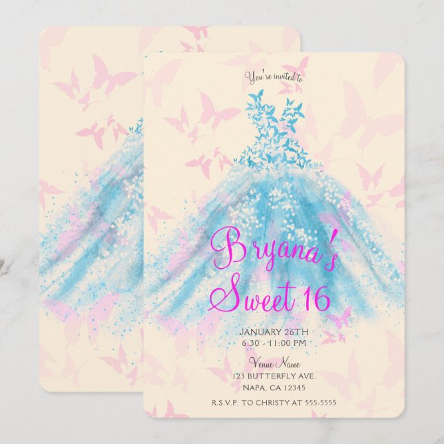 Invitation Robe de danse papillon rose et bleu Sweet 16 Party (Devant / Derrière)