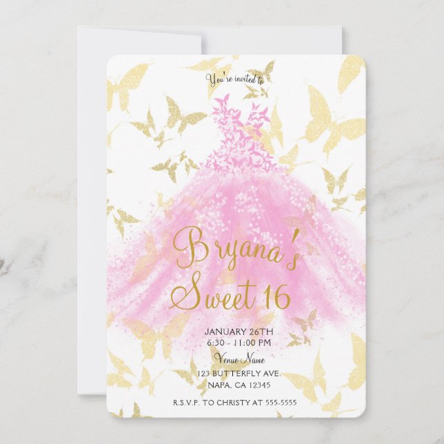 Invitation Robe de danse papillon rose et or Fête Sweet 16 (Devant)