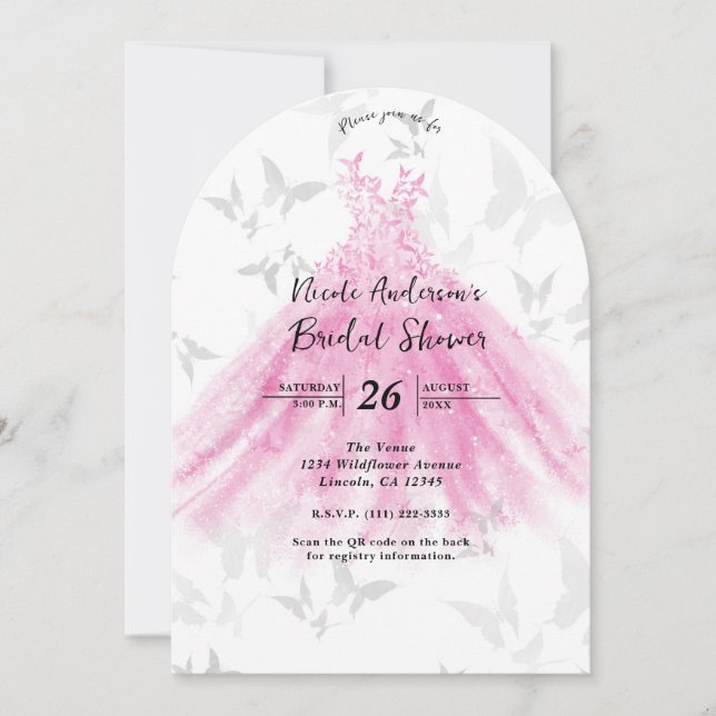 Invitation Robe de danse papillon rose et or pour baby shower (Devant)