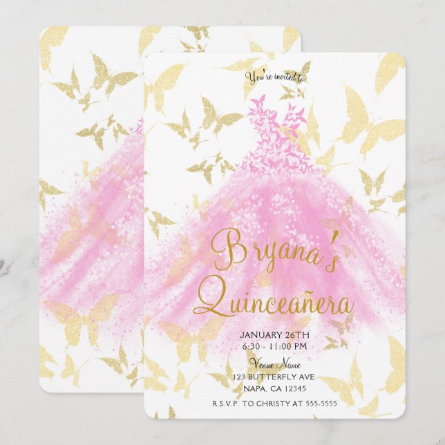 Invitation Robe de danse papillon rose et or pour Quinceañera (Devant / Derrière)