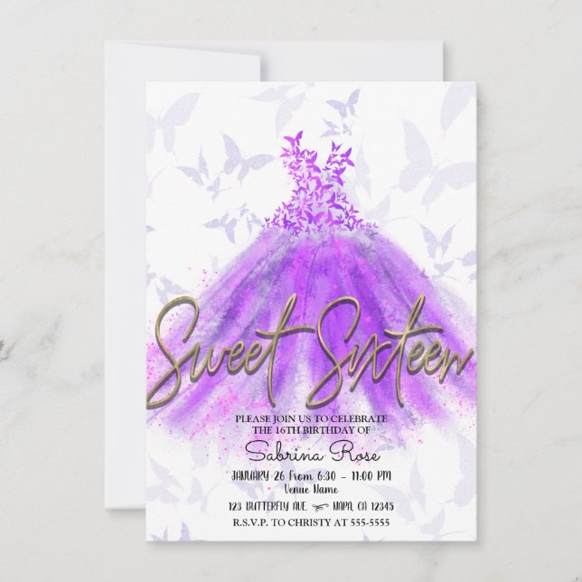 Invitation Robe de danse papillon rose et violet pour fête Sw (Devant)
