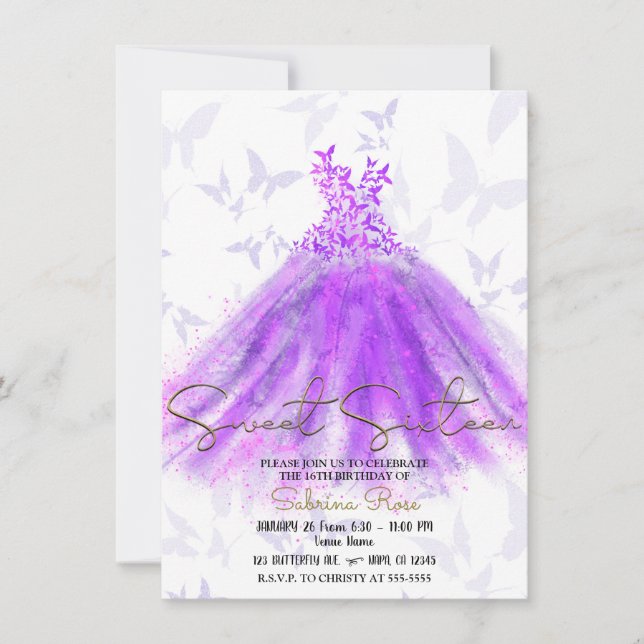 Invitation Robe de danse papillon rose et violet pour fête Sw (Devant)