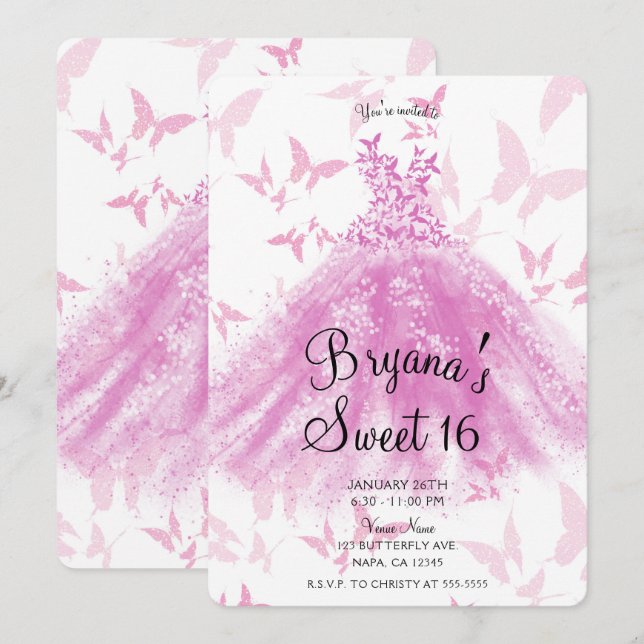 Invitation Robe de danse Papillon Rose framboise pour fête Sw (Devant / Derrière)