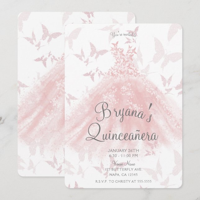 Invitation Robe de Danse Papillon Rose Pêche Quinceañera (Devant / Derrière)