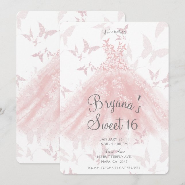 Invitation Robe de danse papillon rose pêche Sweet 16 Party  (Devant / Derrière)