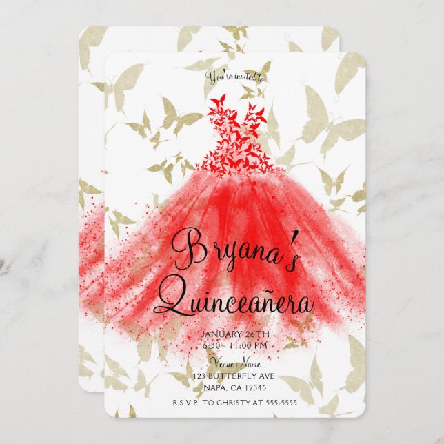 Invitation Robe de danse papillon rouge et or Quinceañera (Devant / Derrière)