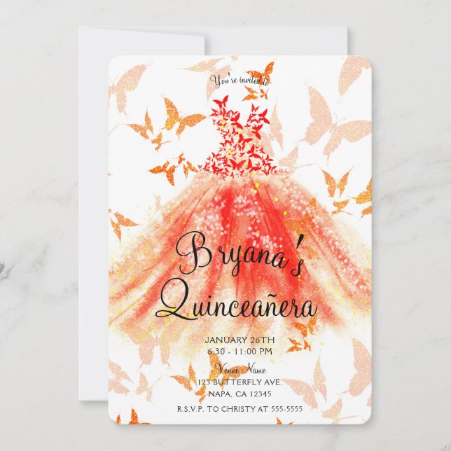 Invitation Robe de danse papillon rouge orange pour fête de Q (Devant)