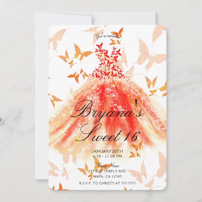 Invitation Robe de danse papillon rouge orange Sweet 16 Party (Devant)
