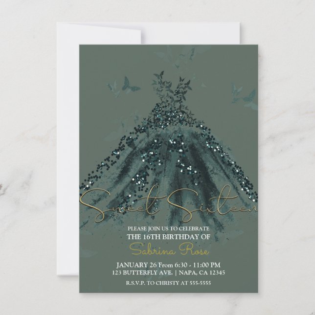 Invitation Robe de danse papillon scintillante verte pour fêt (Devant)