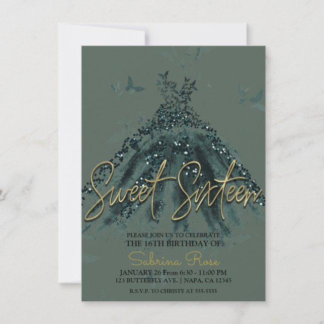 Invitation Robe de danse papillon scintillante verte pour fêt (Devant)