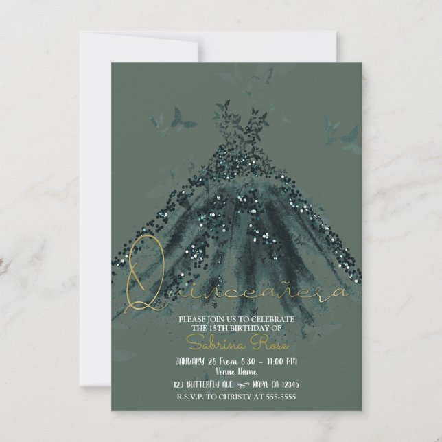 Invitation Robe de danse papillon scintillement vert Quinceañ (Devant)
