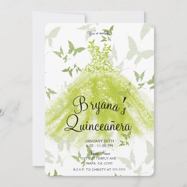 Invitation Robe de danse papillon vert de printemps Quinceañe (Devant)