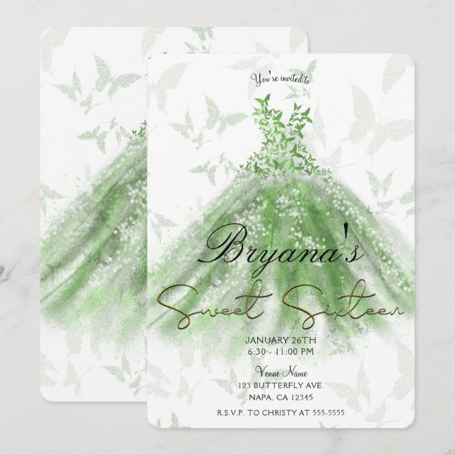 Invitation Robe de danse papillon vert pour fête Sweet 16 (Devant / Derrière)