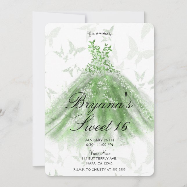 Invitation Robe de danse Papillon Vert pour fête Sweet 16 (Devant)