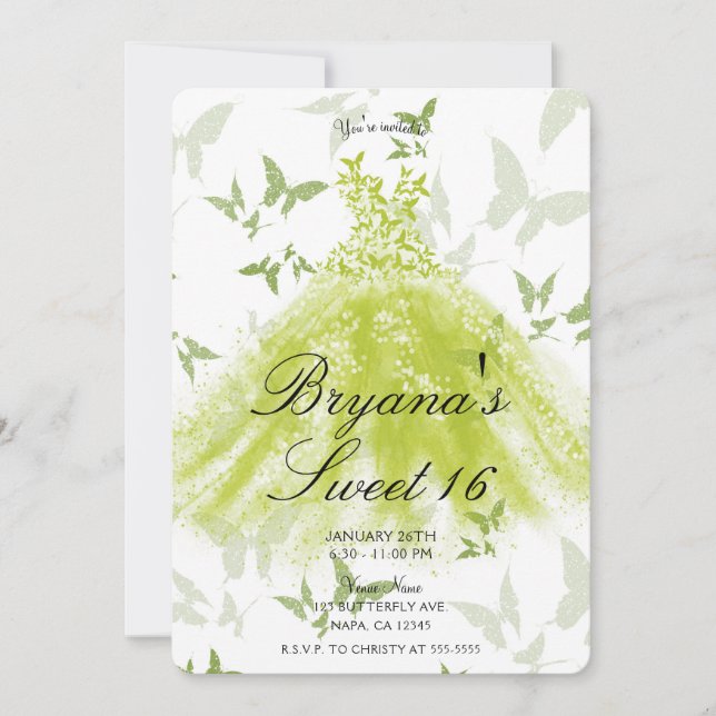 Invitation Robe de danse papillon vert printemps Douce 16 (Devant)