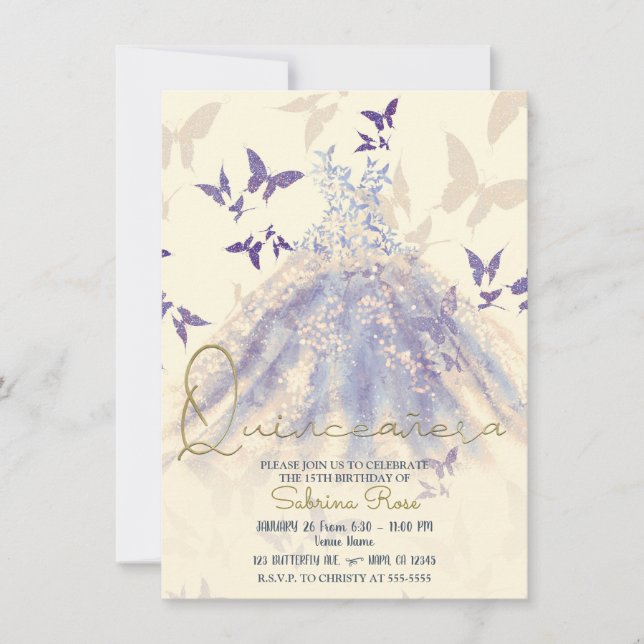 Invitation Robe de danse papillon violet bleu pour Quinceañer (Devant)