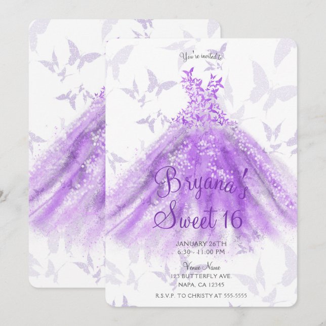Invitation Robe de danse papillon violet pour fête Sweet 16 (Devant / Derrière)