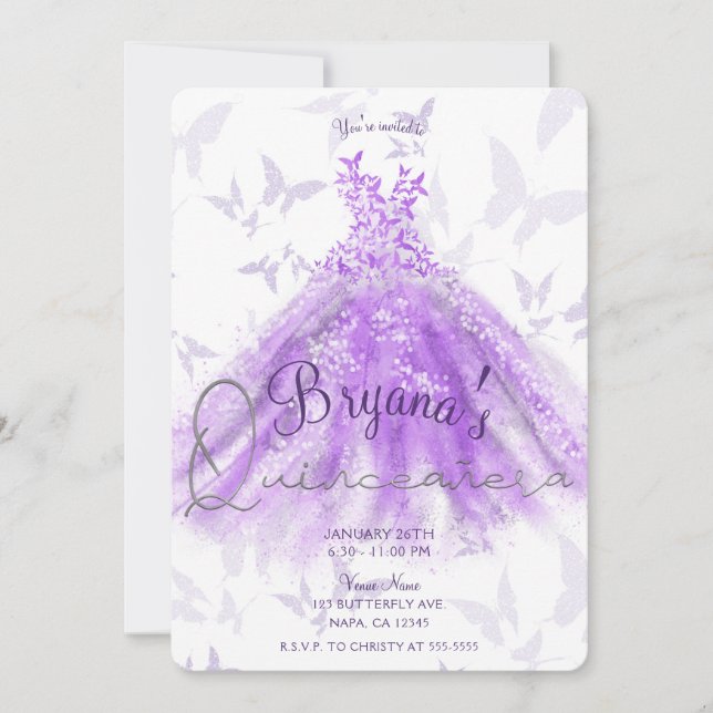 Invitation Robe de danse papillon violet Robe argent Quinceañ (Devant)