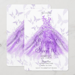 Invitation Robe de danse papillon violet Sweet 16 Partie