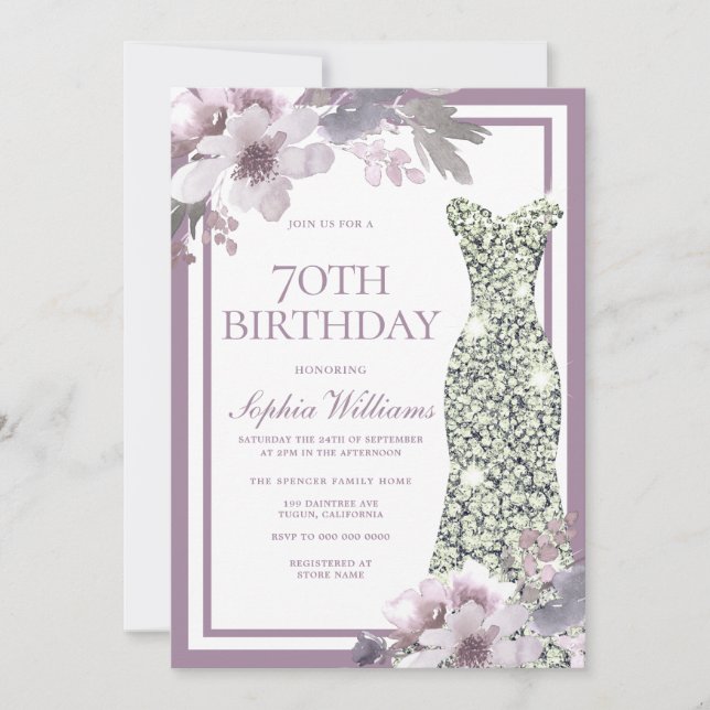 Invitation Robe de Diamant d'Argent Floral Violet 70e anniver (Devant)
