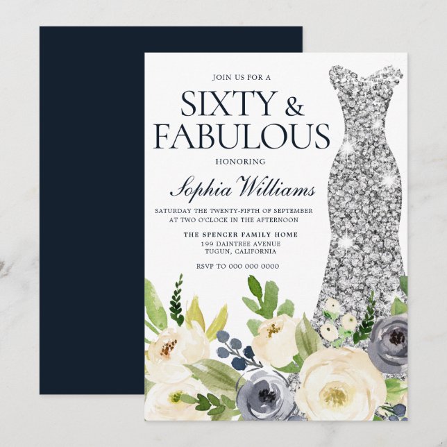 Invitation Robe de diamant floral marine et blanc 60e anniver (Devant / Derrière)