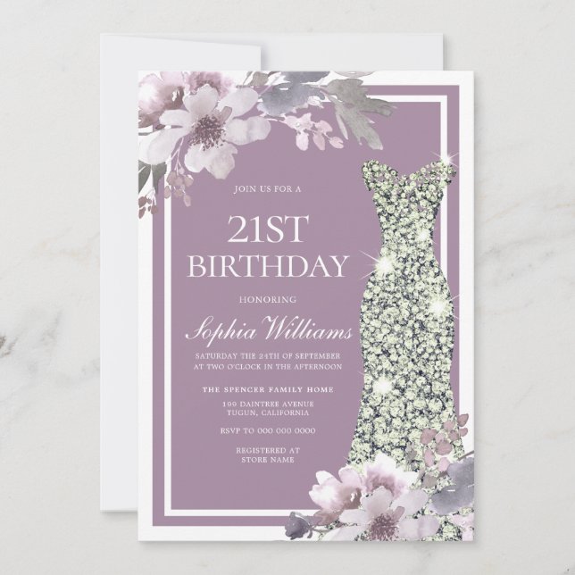Invitation Robe de Diamant Floral Violet femmes 21e anniversa (Devant)